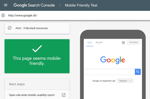 Скриншот Mobile-Friendly Test с результатами проверки.